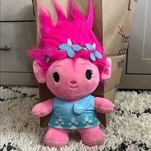 Pink Poppy Troll Plush with Blue Dress and Floral Headband